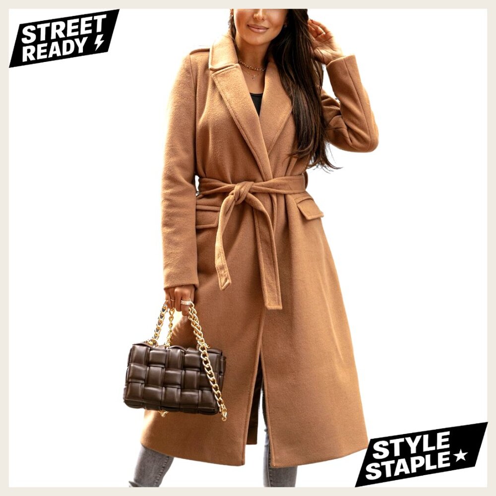 Long Wool Pea Coat with Removable Belt, Knee Length Trench Style